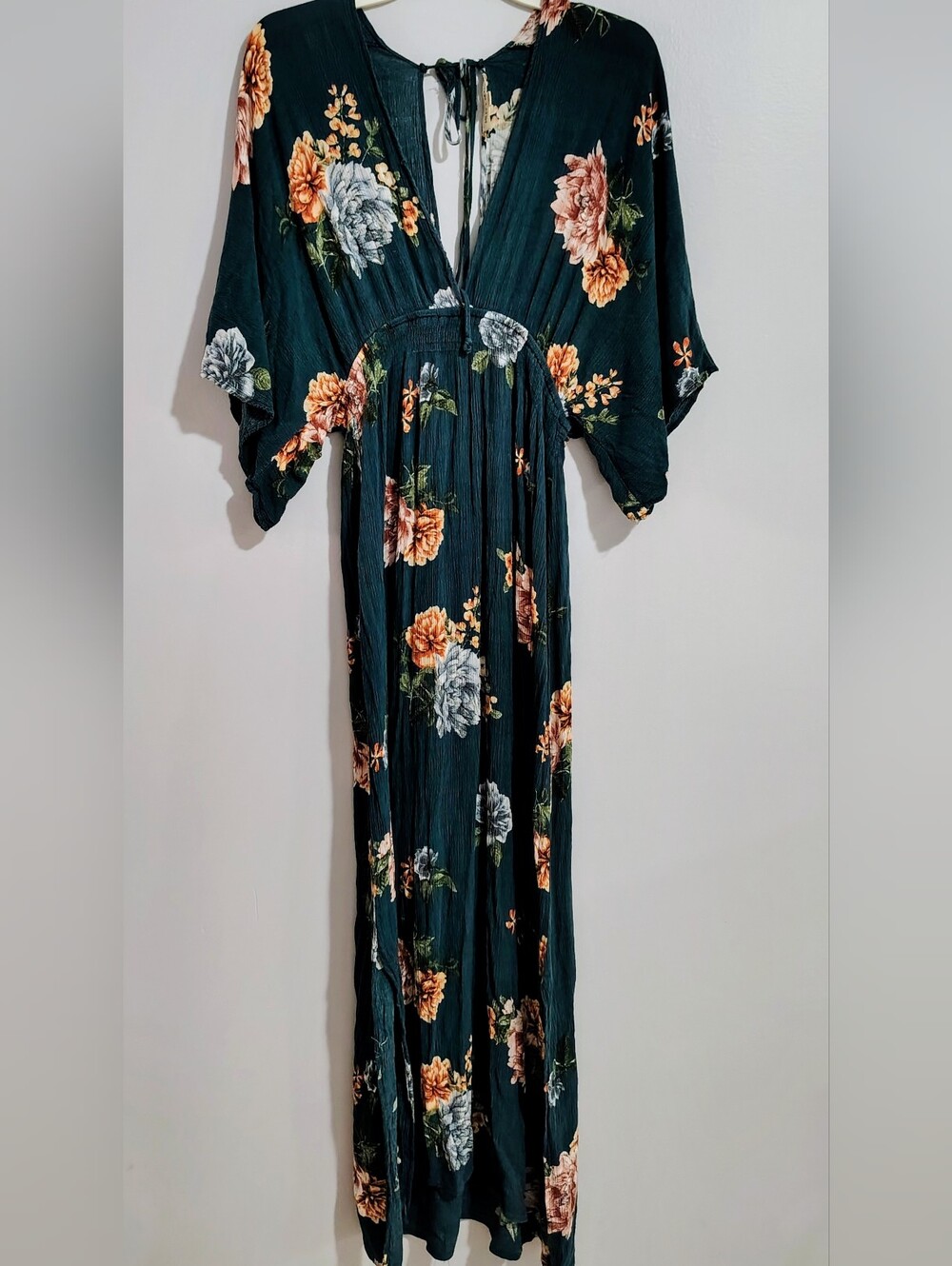 Deep Teal Floral Maxi Dress with V-Neck and Kimono Sleeves